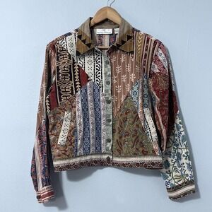 Sacred Threads Jacket Womens Small Multicolor Patchwork Boho Button Front Cotton